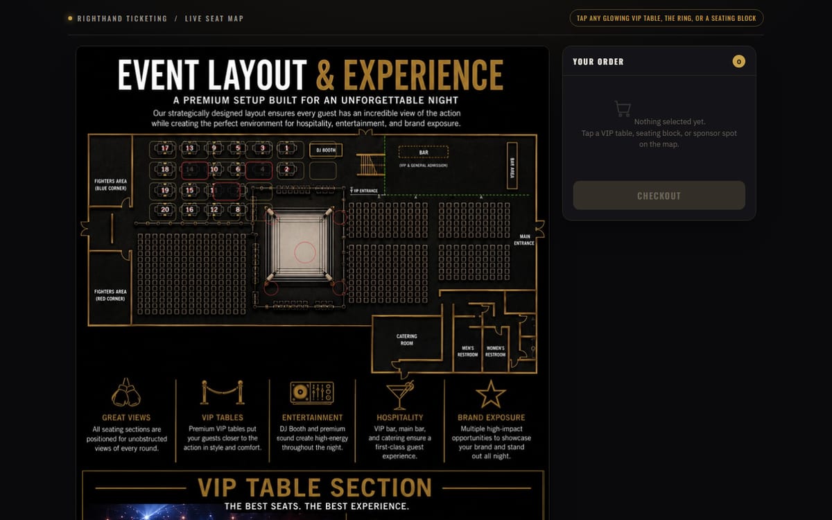 A live event seat map showing a ring, numbered VIP tables, general admission blocks and an order panel