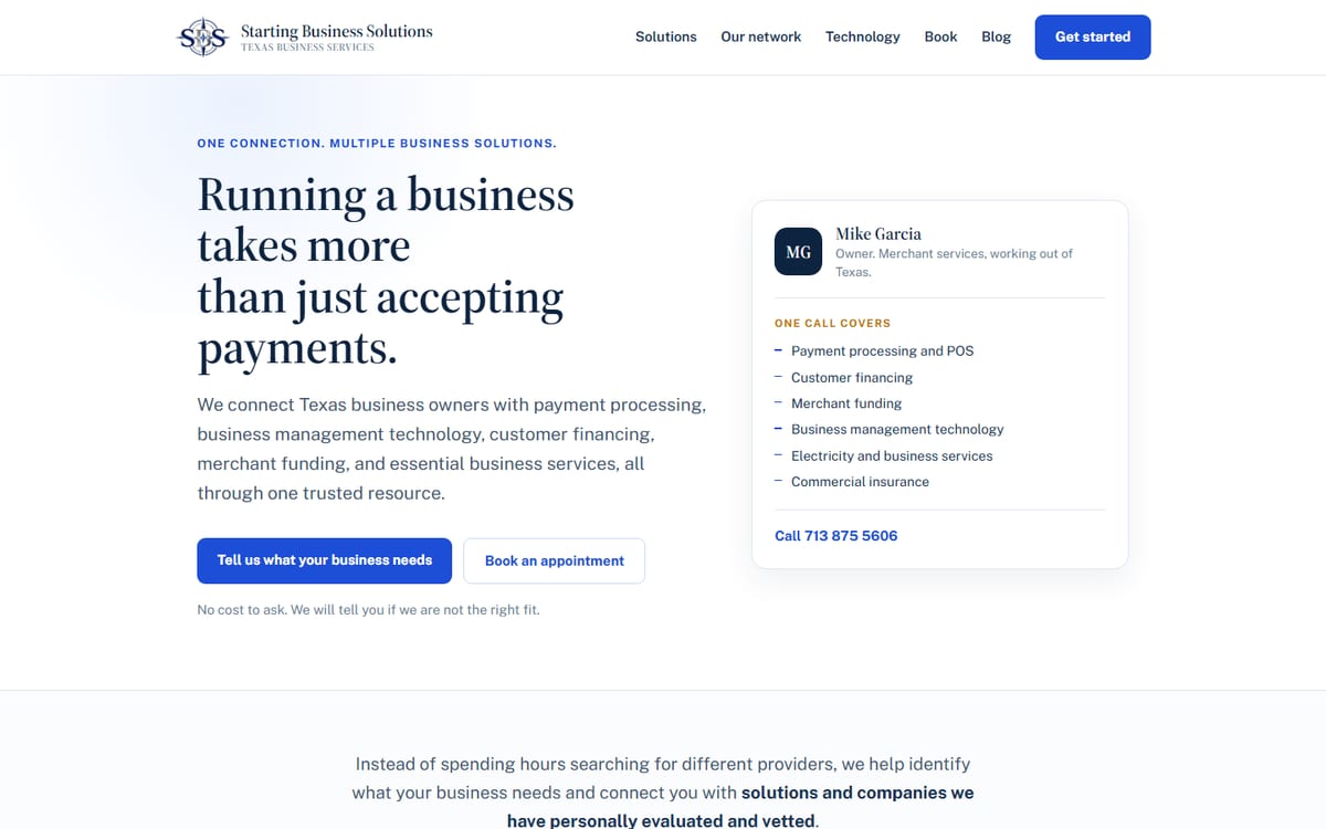 The Starting Business Solutions homepage, a professional services site with a contact card and service list